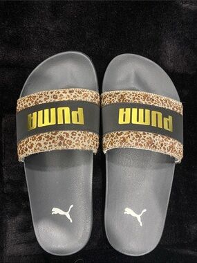Puma Gray Slides with Leopard Strap and Gold Logo